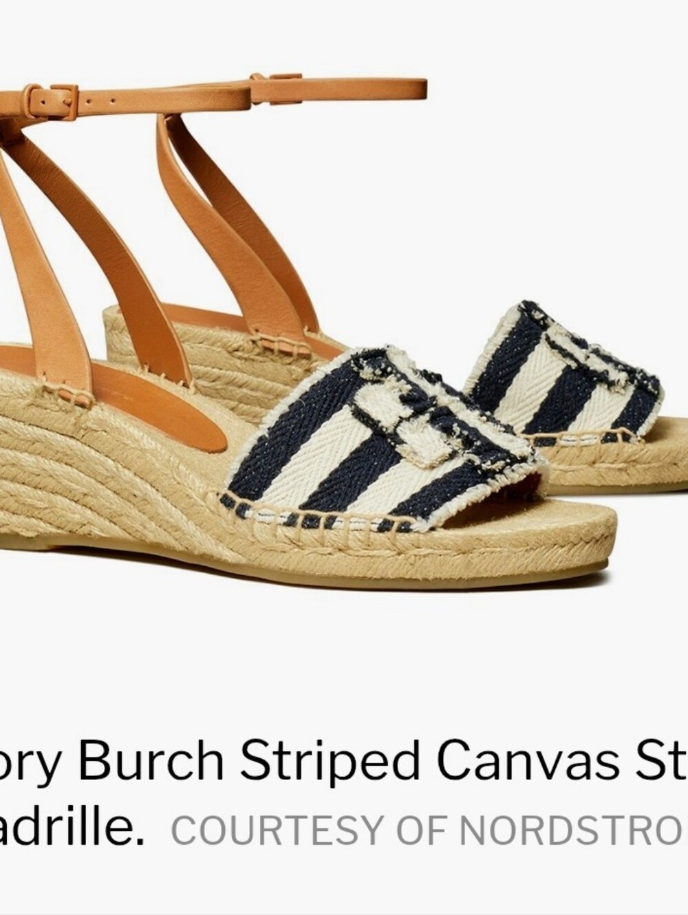 NWOT Tory Burch Navy and White Striped Espadrille Sandals with Tan Ankle Strap